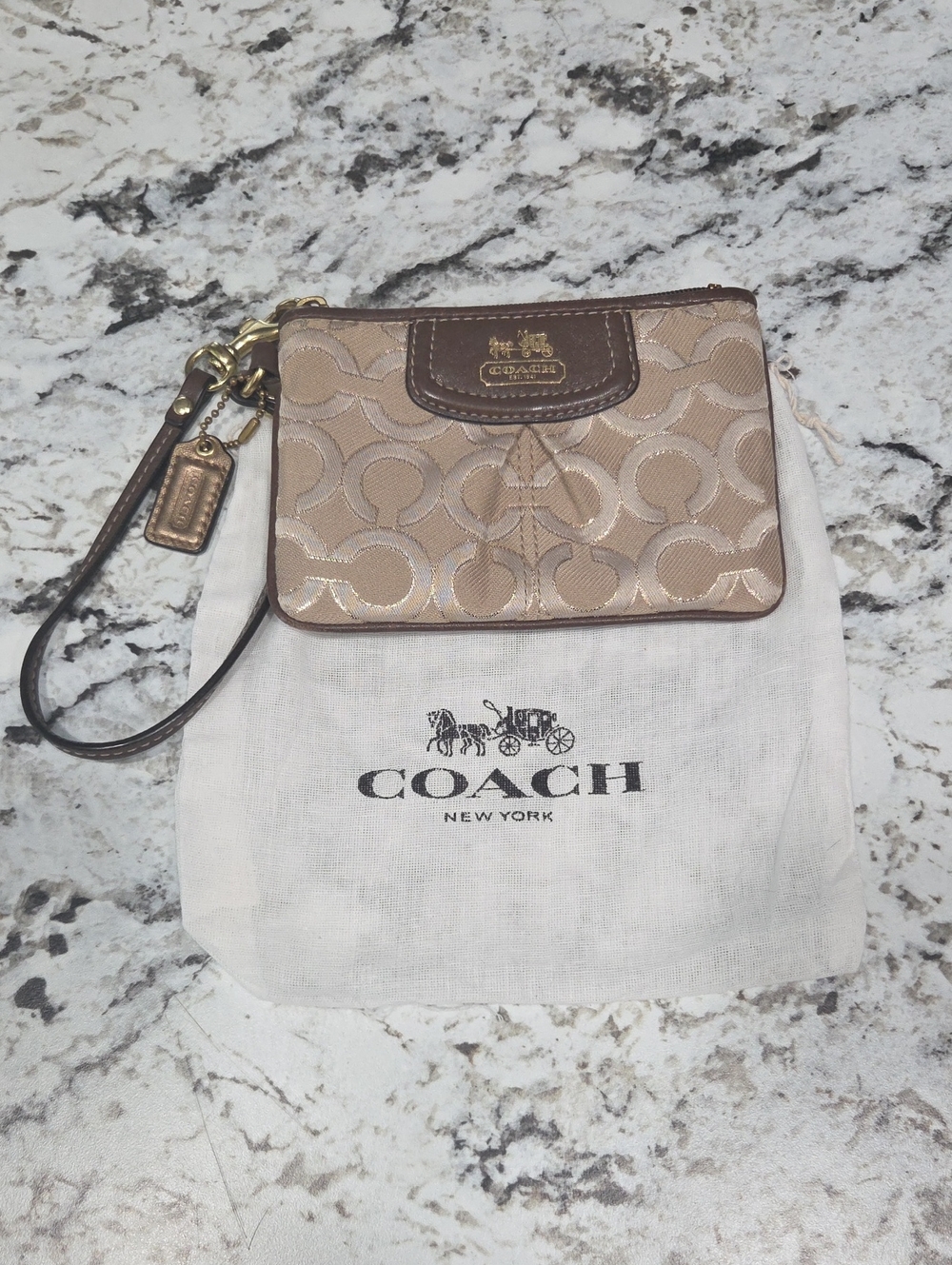 Coach Tan and Brown Signature Wristlet with Gold Hardware